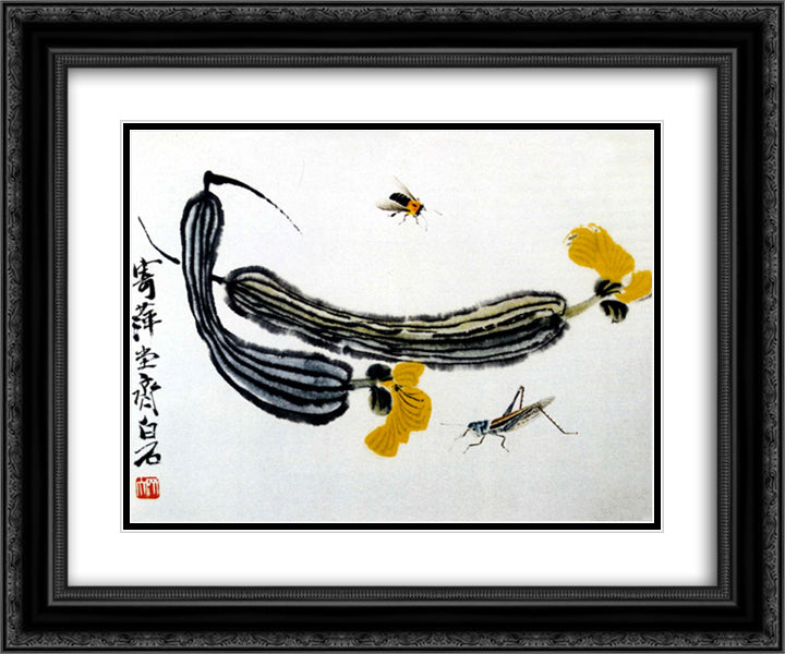 Long Melons 24x20 Black Ornate Wood Framed Art Print Poster with Double Matting by Qi Baishi