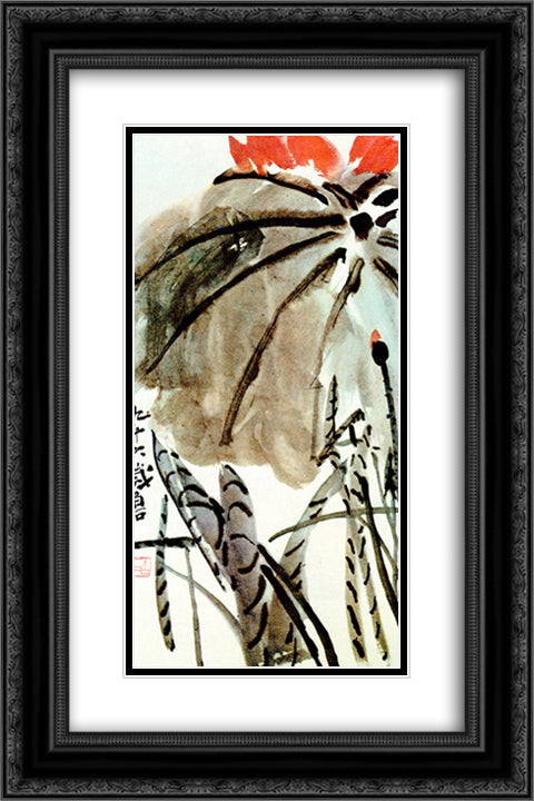 Lotus  16x24 Black Ornate Wood Framed Art Print Poster with Double Matting by Qi Baishi