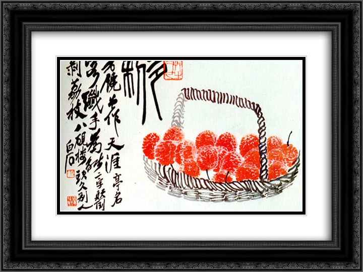 Lychee fruit  24x18 Black Ornate Wood Framed Art Print Poster with Double Matting by Qi Baishi