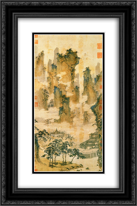 Pavilions in the Mountains of the Immortals 16x24 Black Ornate Wood Framed Art Print Poster with Double Matting by Qiu Ying