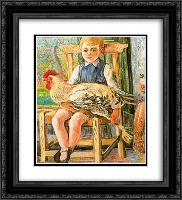 Boy sitting with a hen on his lap 20x22 Black Ornate Wood Framed Art Print Poster with Double Matting by Zabaleta, Rafael
