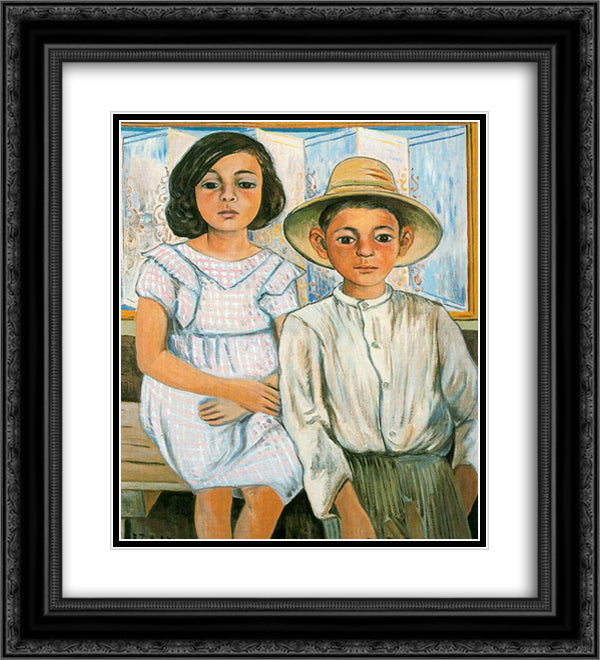 Girl sitting and boy with hat standing 20x22 Black Ornate Wood Framed Art Print Poster with Double Matting by Zabaleta, Rafael