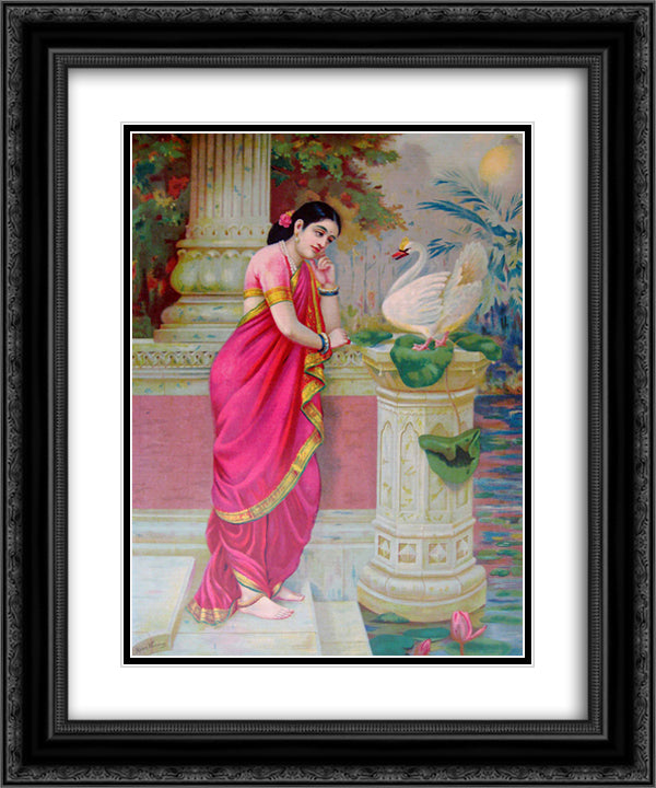 Hansa Damayanthi 20x24 Black Ornate Wood Framed Art Print Poster with Double Matting by Ravi Varma, Raja