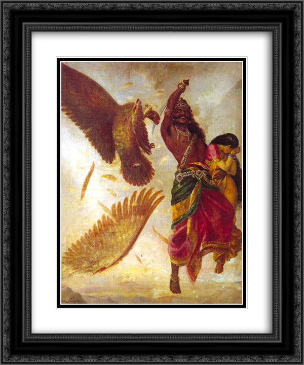 Jatayu Vadham 20x24 Black Ornate Wood Framed Art Print Poster with Double Matting by Ravi Varma, Raja