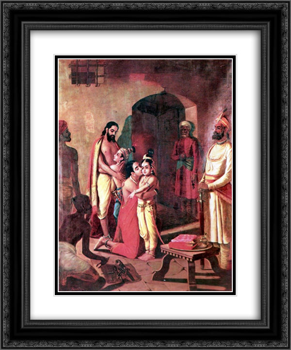 Krishna meets parents 20x24 Black Ornate Wood Framed Art Print Poster with Double Matting by Ravi Varma, Raja
