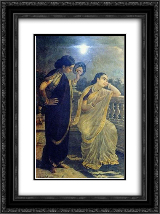 Ladies in the Moonlight 18x24 Black Ornate Wood Framed Art Print Poster with Double Matting by Ravi Varma, Raja