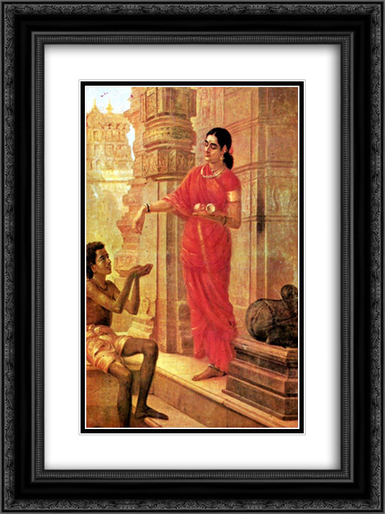 Lady Giving Alms 18x24 Black Ornate Wood Framed Art Print Poster with Double Matting by Ravi Varma, Raja
