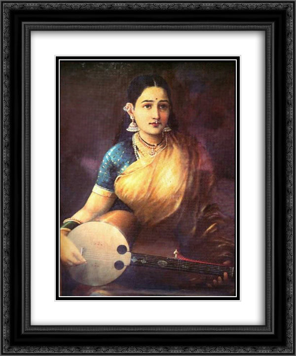 Lady with Swarbat 20x24 Black Ornate Wood Framed Art Print Poster with Double Matting by Ravi Varma, Raja