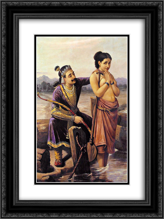 Santhanu and Matsyagandhi 18x24 Black Ornate Wood Framed Art Print Poster with Double Matting by Ravi Varma, Raja