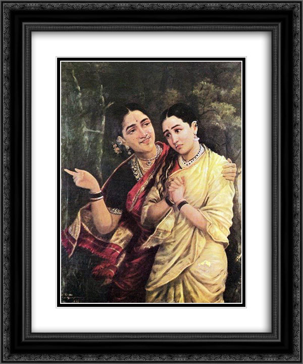 Simhika and Sairandri 20x24 Black Ornate Wood Framed Art Print Poster with Double Matting by Ravi Varma, Raja