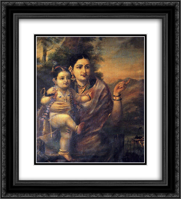 Sri Krishna, as a young child with foster mother Yasoda 20x22 Black Ornate Wood Framed Art Print Poster with Double Matting by Ravi Varma, Raja