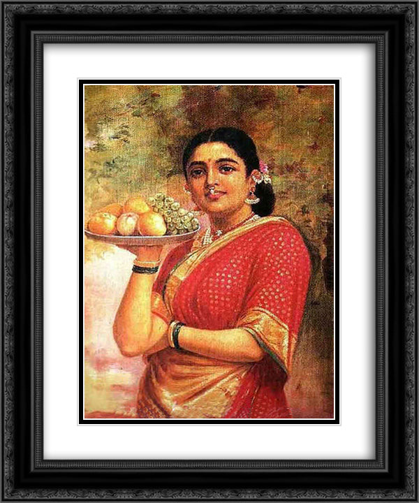 The Maharashtrian Lady 20x24 Black Ornate Wood Framed Art Print Poster with Double Matting by Ravi Varma, Raja