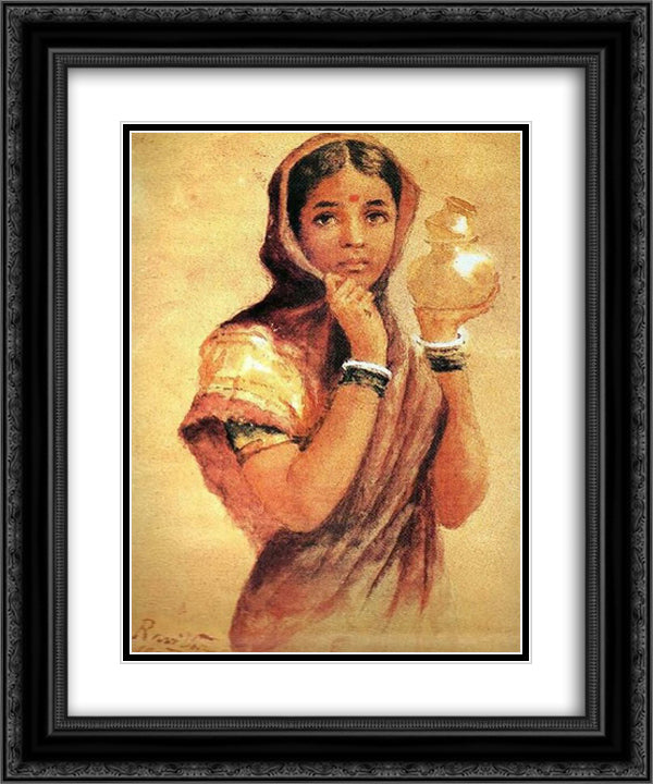 The Milkmaid 20x24 Black Ornate Wood Framed Art Print Poster with Double Matting by Ravi Varma, Raja