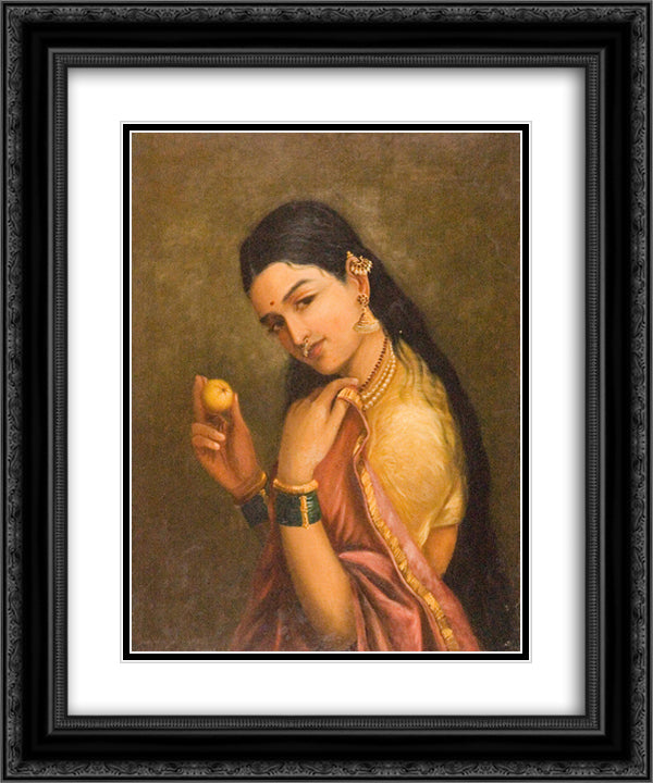Woman Holding a Fruit 20x24 Black Ornate Wood Framed Art Print Poster with Double Matting by Ravi Varma, Raja