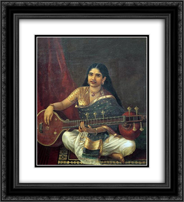 Woman with Veena 20x22 Black Ornate Wood Framed Art Print Poster with Double Matting by Ravi Varma, Raja