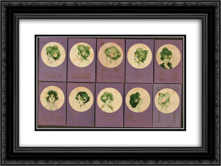 Girls faces in a circle on violet 24x18 Black Ornate Wood Framed Art Print Poster with Double Matting by Kirchner, Raphael