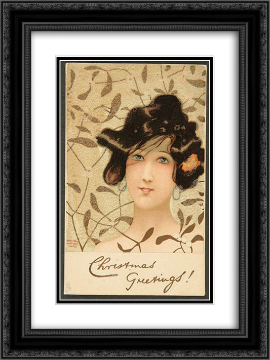 Girls heads on Christmas-foliage background 18x24 Black Ornate Wood Framed Art Print Poster with Double Matting by Kirchner, Raphael