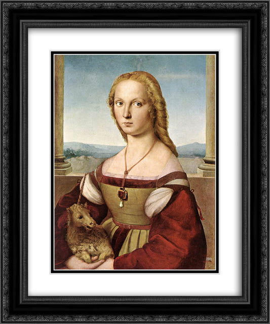 Portrait of a Lady with a Unicorn 20x24 Black Ornate Wood Framed Art Print Poster with Double Matting by Raphael