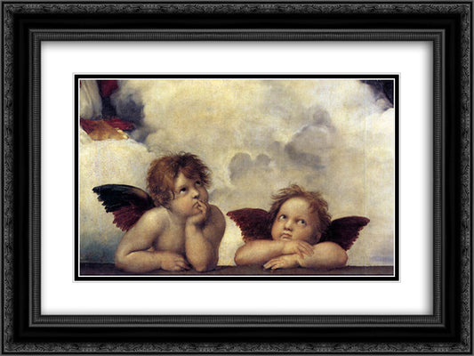 Putti, detail from The Sistine Madonna 24x18 Black Ornate Wood Framed Art Print Poster with Double Matting by Raphael