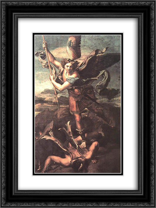 St. Michael Overwhelming the Demon 18x24 Black Ornate Wood Framed Art Print Poster with Double Matting by Raphael