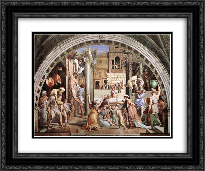 The Fire in the Borgo 24x20 Black Ornate Wood Framed Art Print Poster with Double Matting by Raphael