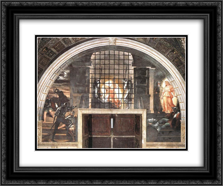 The Liberation of St. Peter, in the Stanza D'Eliodoro 24x20 Black Ornate Wood Framed Art Print Poster with Double Matting by Raphael