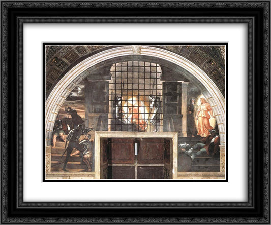 The Liberation of St. Peter, in the Stanza D'Eliodoro 24x20 Black Ornate Wood Framed Art Print Poster with Double Matting by Raphael