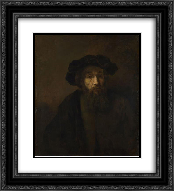 A Bearded Man in a Cap 20x22 Black Ornate Wood Framed Art Print Poster with Double Matting by Rembrandt