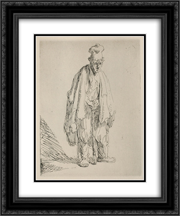 A Beggar Standing and Leaning on a Stick 20x24 Black Ornate Wood Framed Art Print Poster with Double Matting by Rembrandt