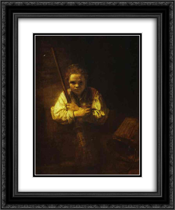 A Girl with a Broom 20x24 Black Ornate Wood Framed Art Print Poster with Double Matting by Rembrandt