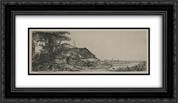 A Large Landscape with a Mill Sail 24x14 Black Ornate Wood Framed Art Print Poster with Double Matting by Rembrandt