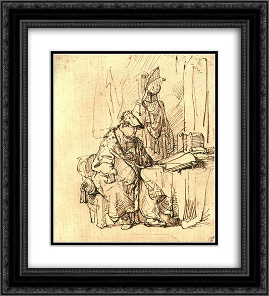 A Man Seated at a Table Covered with Books 20x22 Black Ornate Wood Framed Art Print Poster with Double Matting by Rembrandt