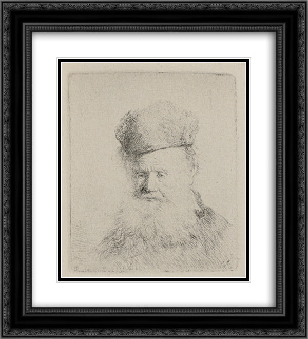 A Man with a Large Beard and a Low Fur Cap 20x22 Black Ornate Wood Framed Art Print Poster with Double Matting by Rembrandt