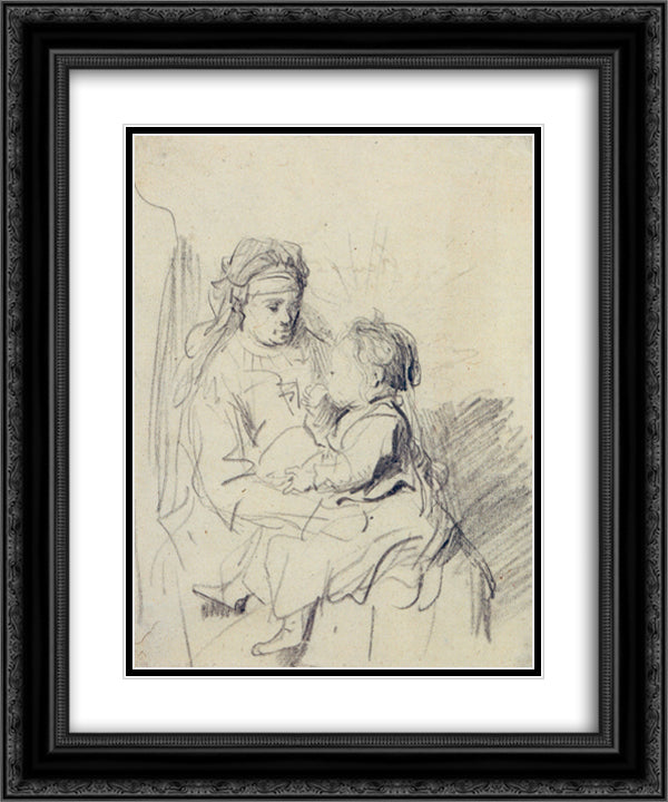 A Nurse and an Eating Child 20x24 Black Ornate Wood Framed Art Print Poster with Double Matting by Rembrandt