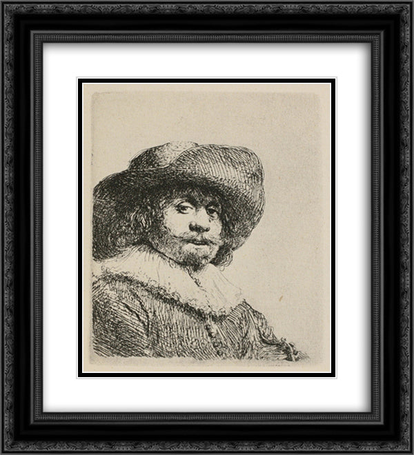 A Portrait of a Man with a Broad Brimmed Hat and a Ruff 20x22 Black Ornate Wood Framed Art Print Poster with Double Matting by Rembrandt