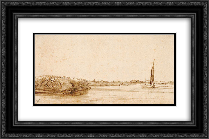 A River with a Sailing Boat on Nieuwe Meer 24x16 Black Ornate Wood Framed Art Print Poster with Double Matting by Rembrandt