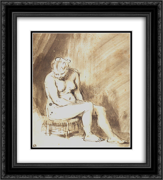 A Seated Female Nude 20x22 Black Ornate Wood Framed Art Print Poster with Double Matting by Rembrandt