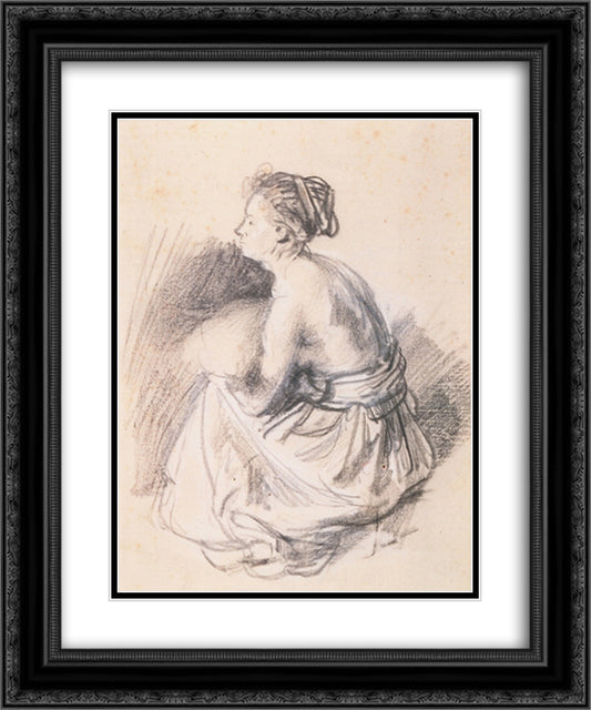 A Seated Woman, Naked to the Waist 20x24 Black Ornate Wood Framed Art Print Poster with Double Matting by Rembrandt