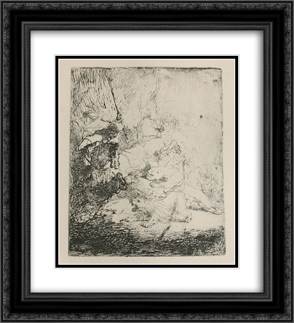 A Small Lion Hunt with a Lioness 20x22 Black Ornate Wood Framed Art Print Poster with Double Matting by Rembrandt