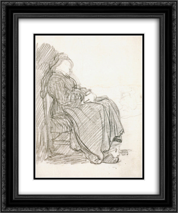 A Study of a Woman Asleep 20x24 Black Ornate Wood Framed Art Print Poster with Double Matting by Rembrandt