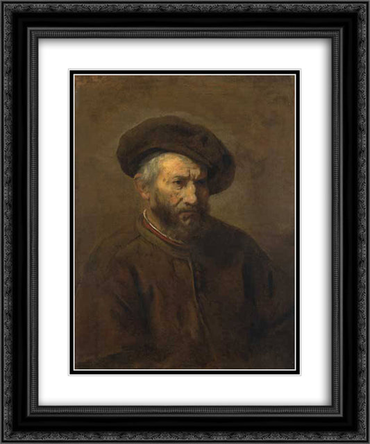 A Study of an Elderly Man in a Cap 20x24 Black Ornate Wood Framed Art Print Poster with Double Matting by Rembrandt