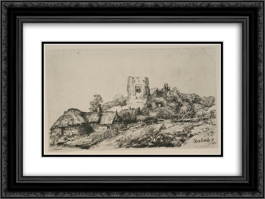 A Village with a Square Tower 24x18 Black Ornate Wood Framed Art Print Poster with Double Matting by Rembrandt