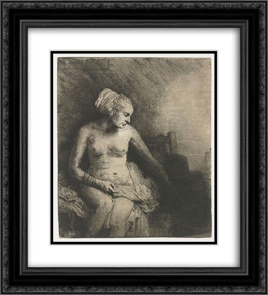 A woman at the bath with a hat beside her 20x22 Black Ornate Wood Framed Art Print Poster with Double Matting by Rembrandt