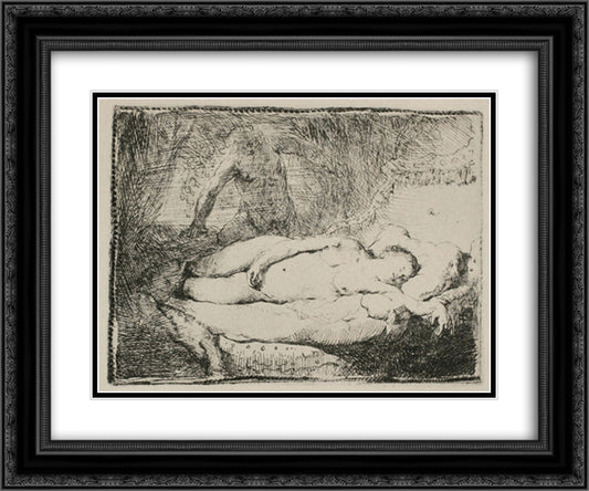 A Woman Lying on a Bed 24x20 Black Ornate Wood Framed Art Print Poster with Double Matting by Rembrandt