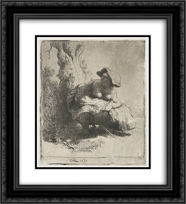 A woman making water 20x22 Black Ornate Wood Framed Art Print Poster with Double Matting by Rembrandt