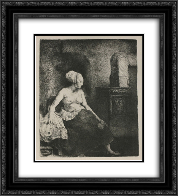 A Woman Seated Before a Dutch Stove 20x22 Black Ornate Wood Framed Art Print Poster with Double Matting by Rembrandt