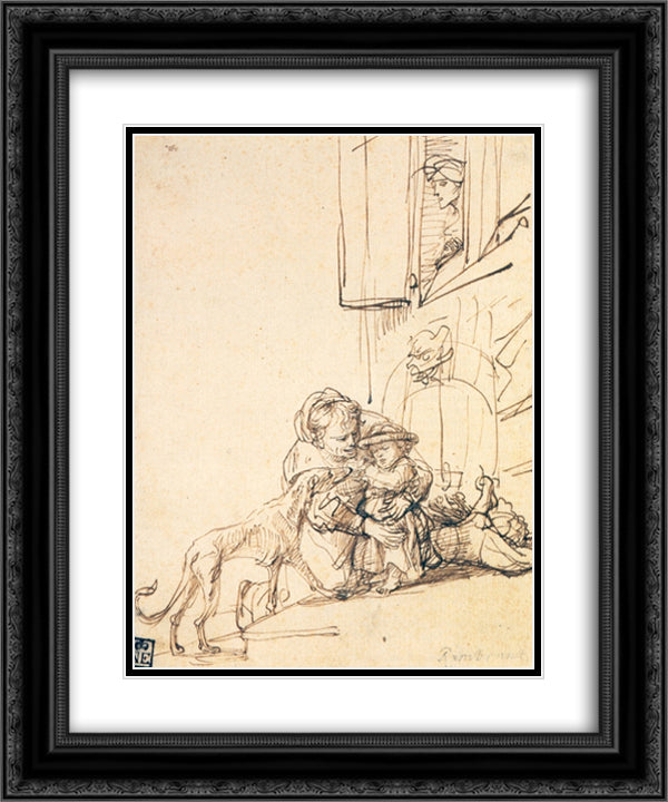 A Woman with a Child Frightened by a Dog 20x24 Black Ornate Wood Framed Art Print Poster with Double Matting by Rembrandt