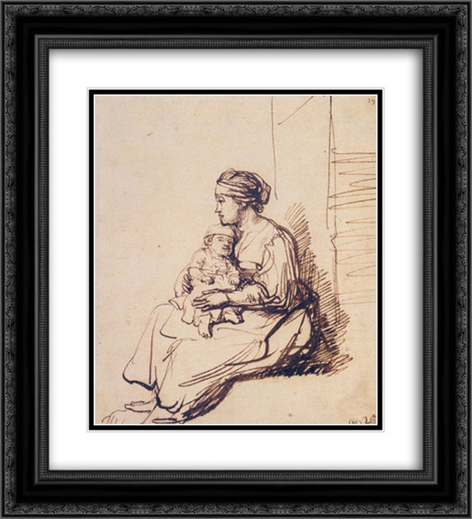 A Woman with a Little Child on her Lap 20x22 Black Ornate Wood Framed Art Print Poster with Double Matting by Rembrandt