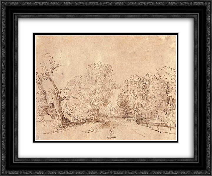 A Wooded Road 24x20 Black Ornate Wood Framed Art Print Poster with Double Matting by Rembrandt