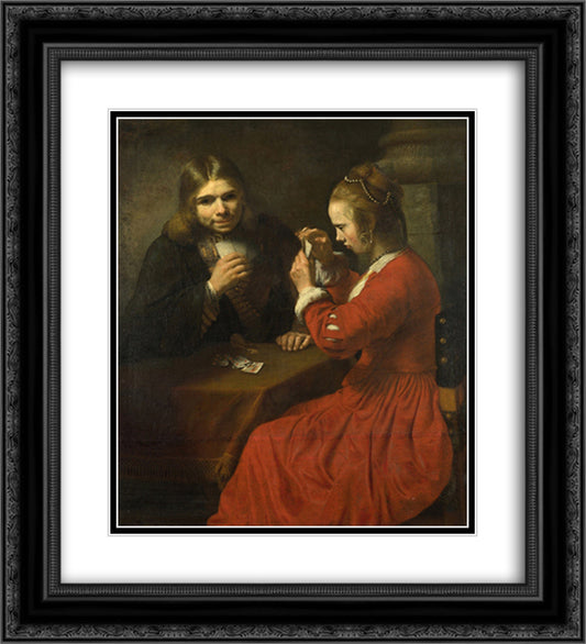 A Young Man and a Girl playing Cards 20x22 Black Ornate Wood Framed Art Print Poster with Double Matting by Rembrandt